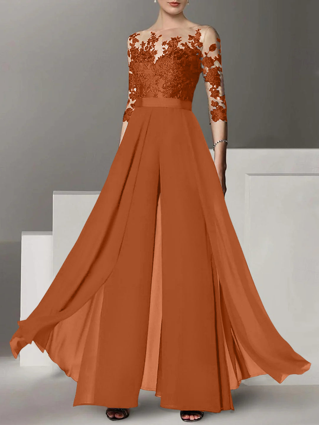 Applique Mother Of The Bride Dresses Burnt Orange A-Line/Princess Jewel Neck 3/4 Length Applique Mother Of The Bride Dresses Burnt Orange A-Line/Princess Jewel Neck 3/4 Length