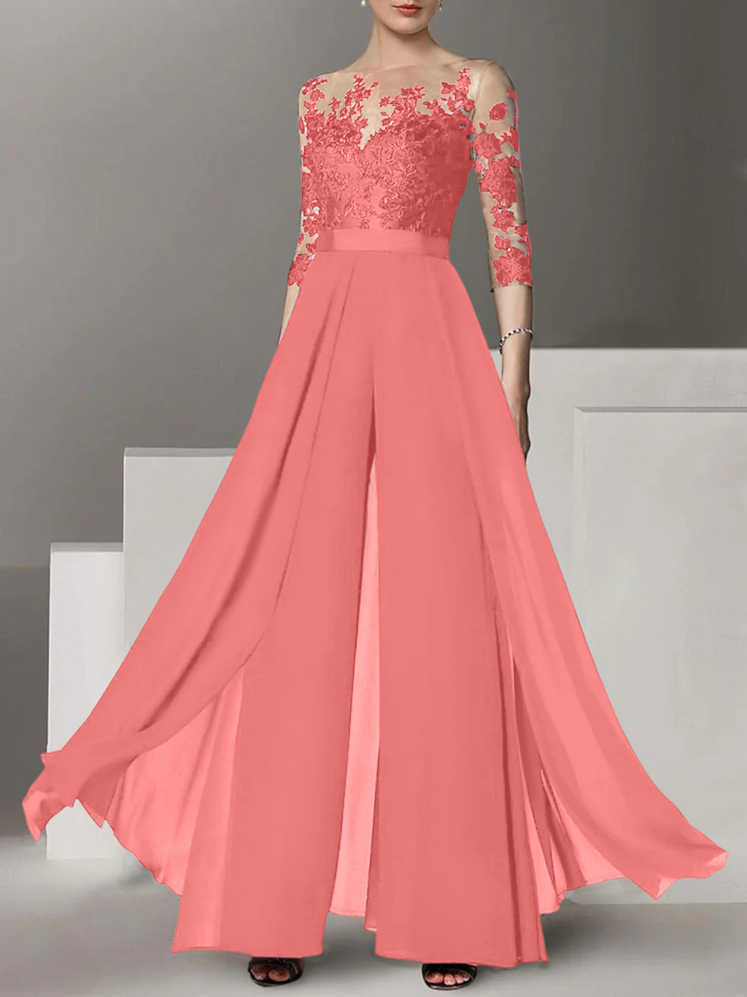 A-Line/Princess Jewel Neck 3/4 Length Sleeves Floor-Length Mother of the Bride Jumpsuits with Applique