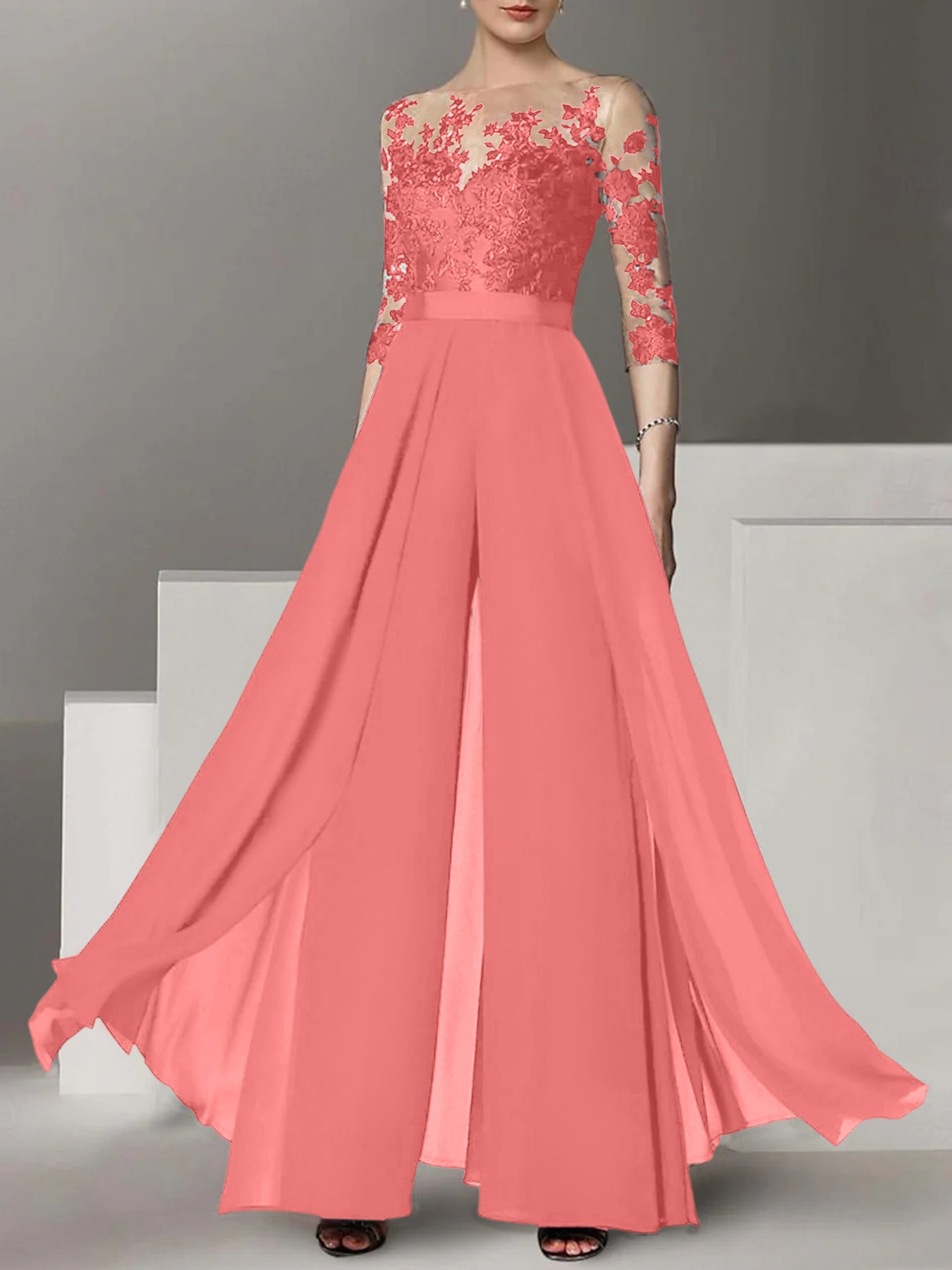 A-Line/Princess Jewel Neck 3/4 Length Sleeves Floor-Length Mother of the Bride Jumpsuits with Applique
