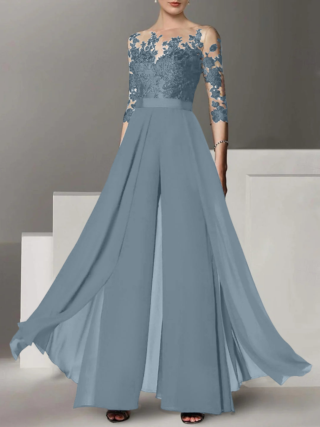 A-Line/Princess Jewel Neck 3/4 Length Sleeves Floor-Length Mother of the Bride Jumpsuits with Applique