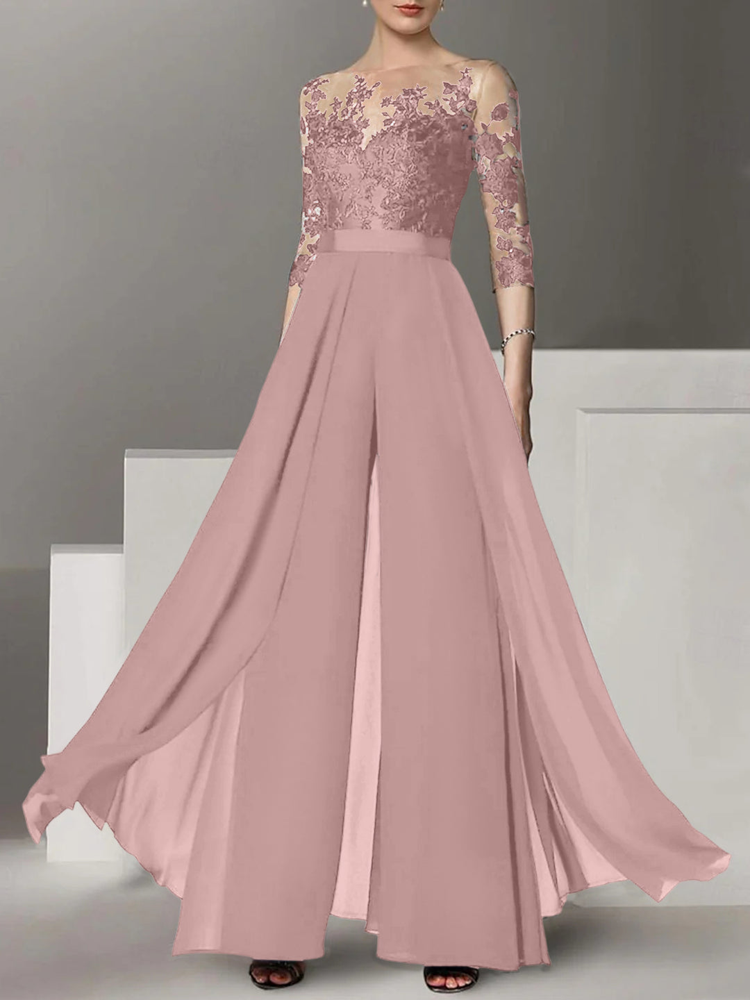A-Line/Princess Jewel Neck 3/4 Length Sleeves Floor-Length Mother of the Bride Jumpsuits with Applique