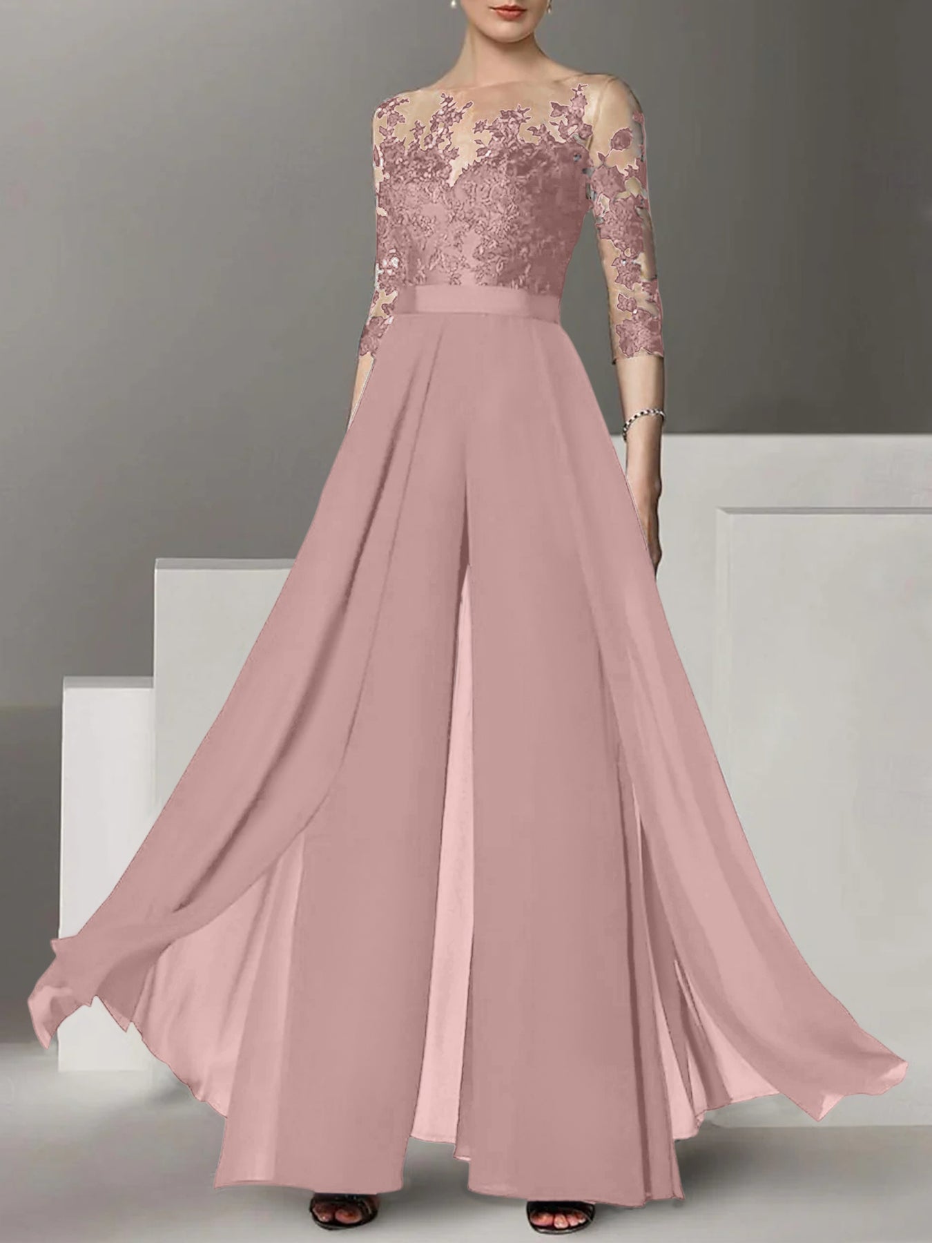 A-Line/Princess Jewel Neck 3/4 Length Sleeves Floor-Length Mother of the Bride Jumpsuits with Applique