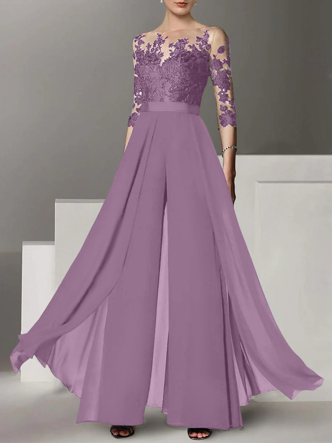 A-Line/Princess Jewel Neck 3/4 Length Sleeves Floor-Length Mother of the Bride Jumpsuits with Applique