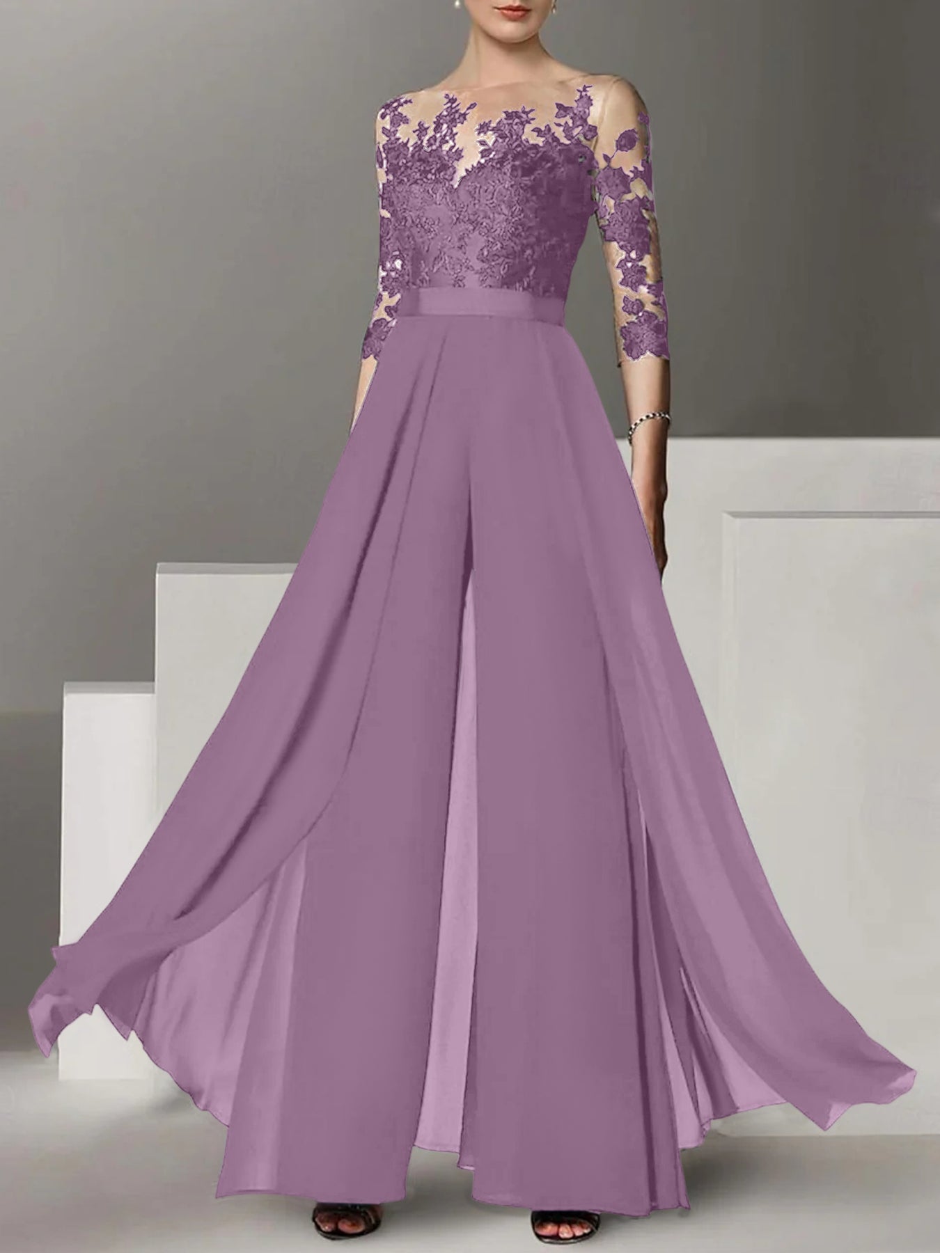 A-Line/Princess Jewel Neck 3/4 Length Sleeves Floor-Length Mother of the Bride Jumpsuits with Applique
