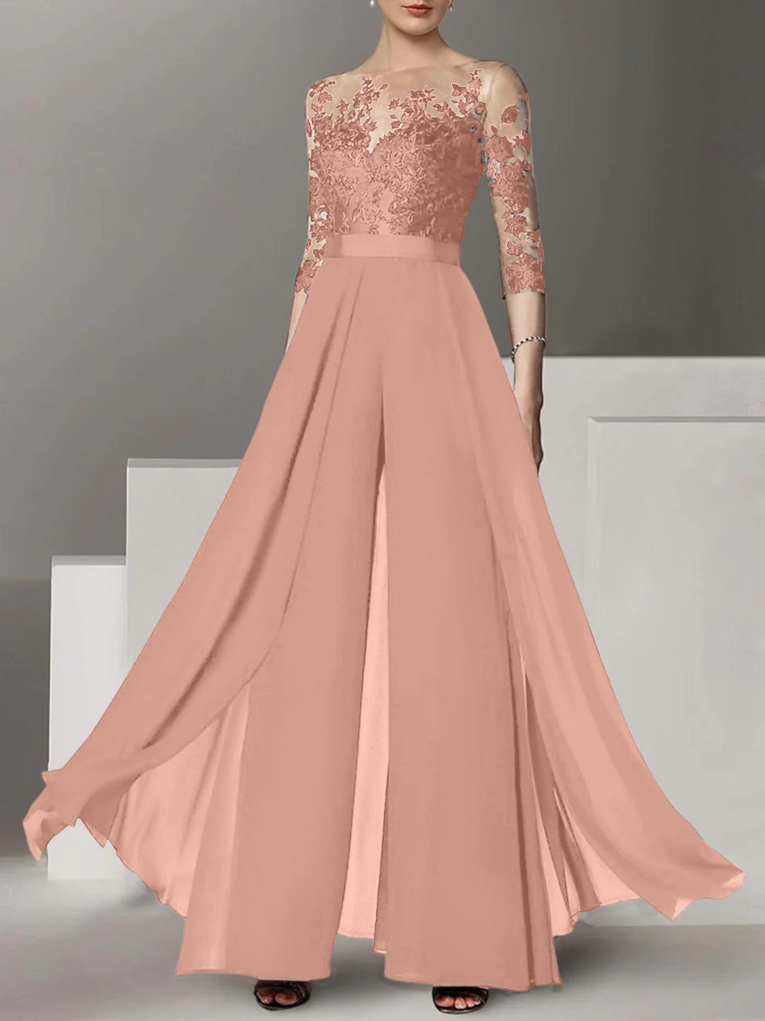 dusty rose A-Line/Princess Jewel Neck 3/4 Length Sleeves Floor-Length Mother of the Bride Pantsuits with Applique
