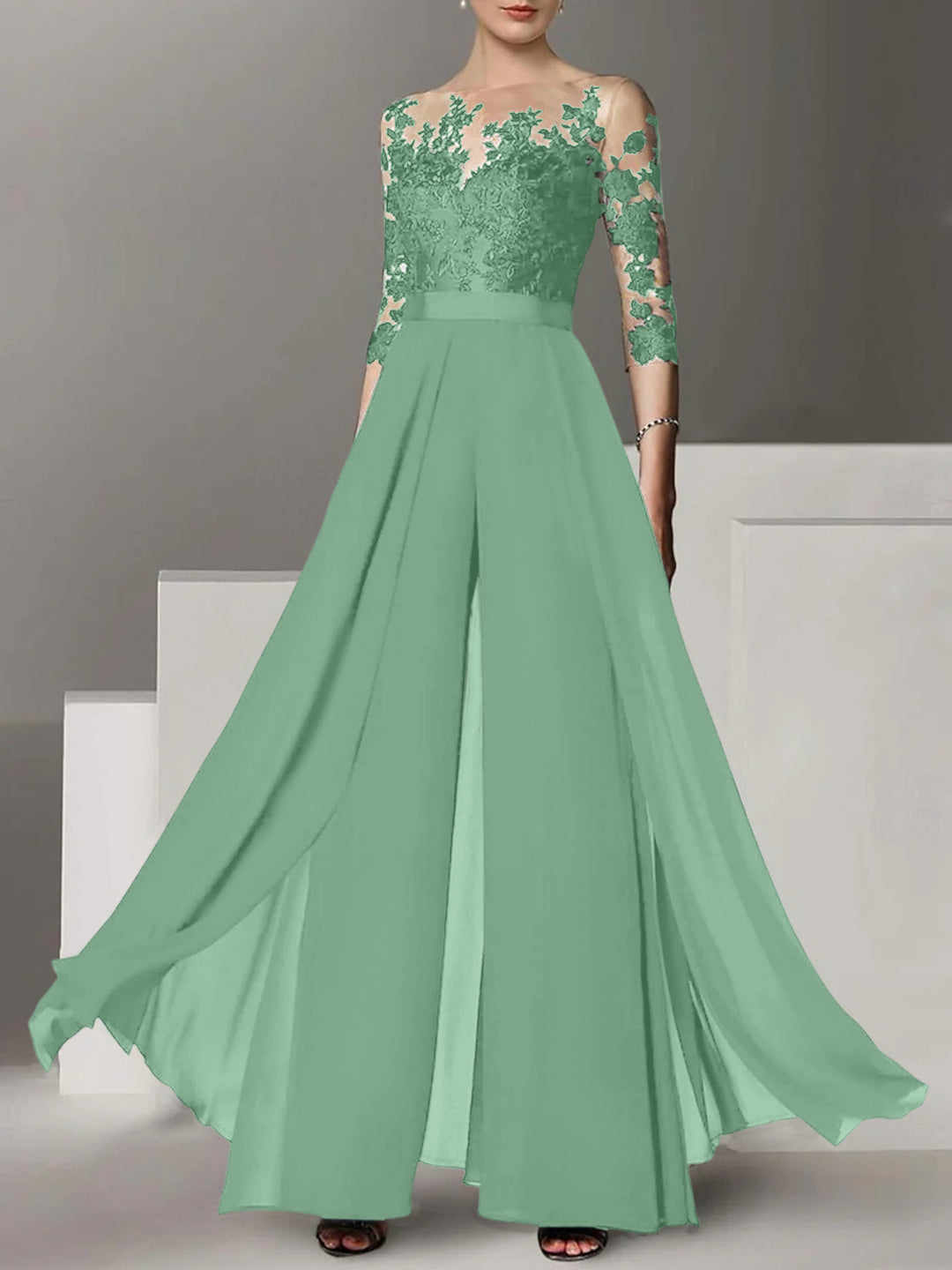 A-Line/Princess Jewel Neck 3/4 Length Sleeves Floor-Length Mother of the Bride Jumpsuits with Applique