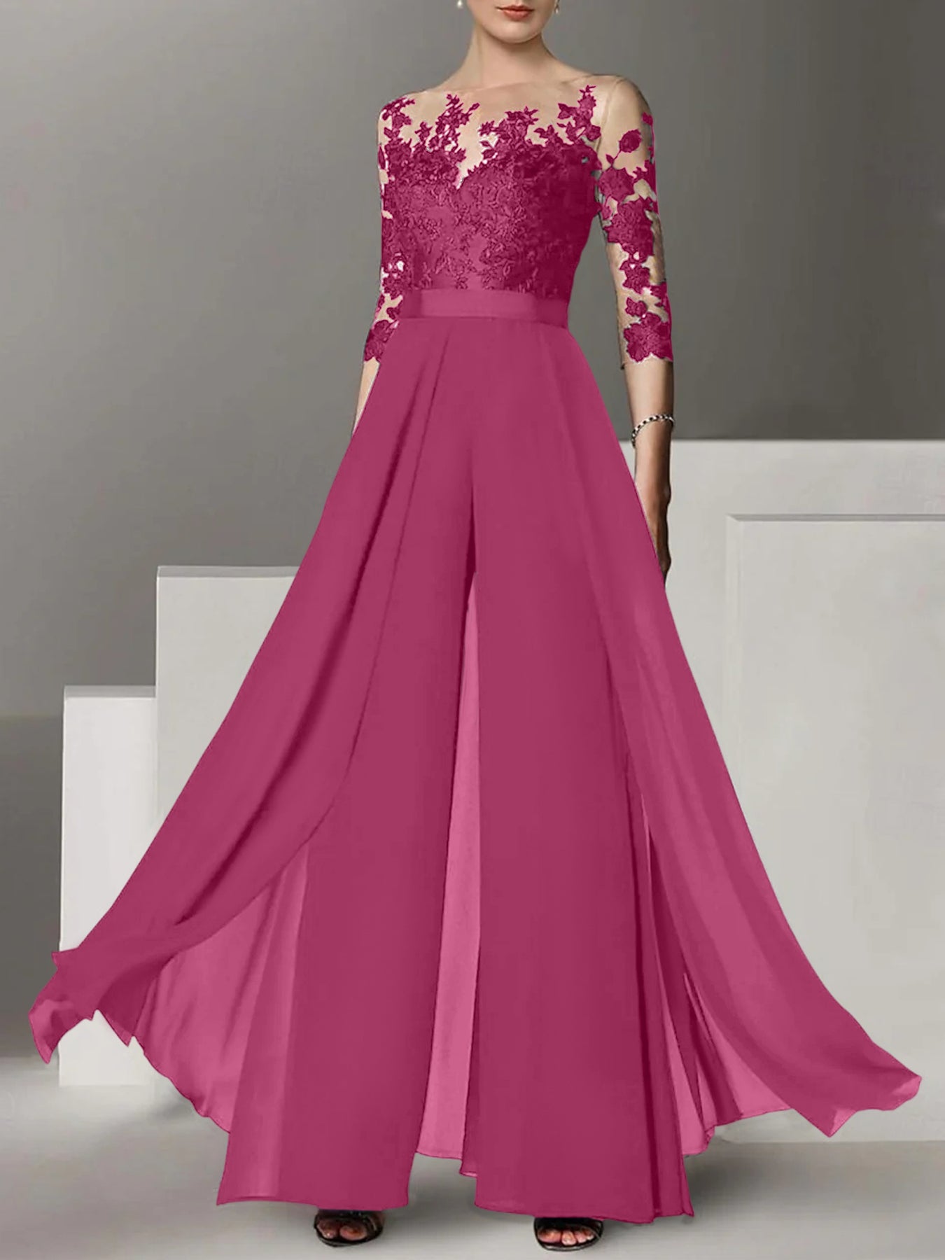 A-Line/Princess Jewel Neck 3/4 Length Sleeves Floor-Length Mother of the Bride Jumpsuits with Applique