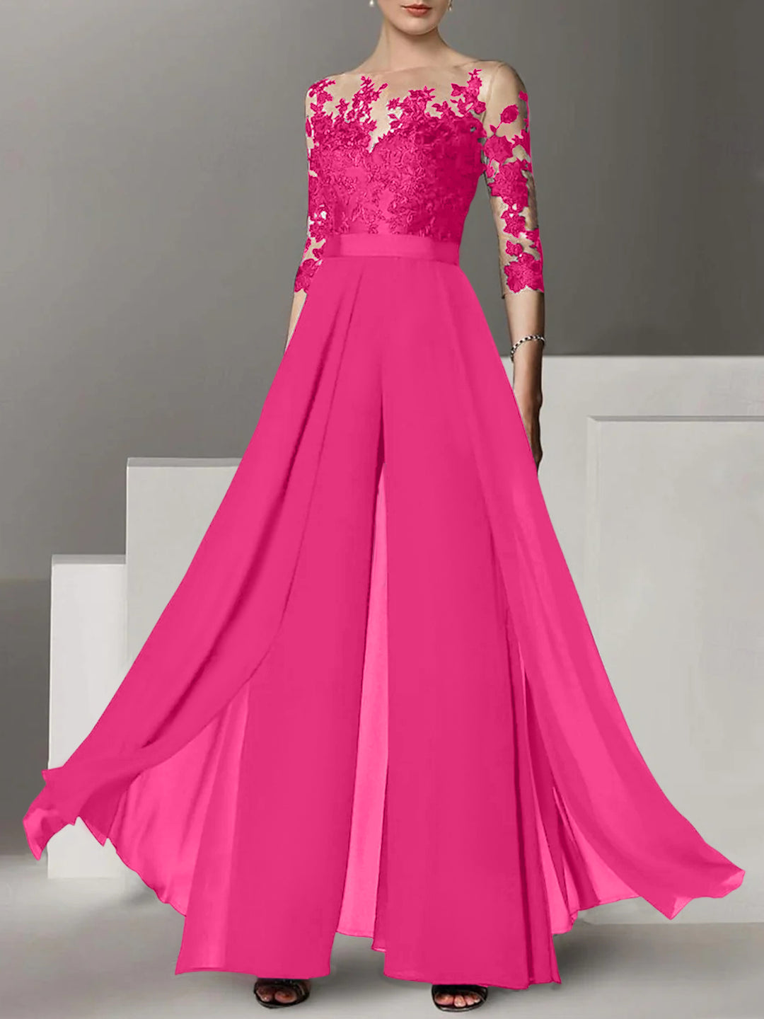 A-Line/Princess Jewel Neck 3/4 Length Sleeves Floor-Length Mother of the Bride Jumpsuits with Applique