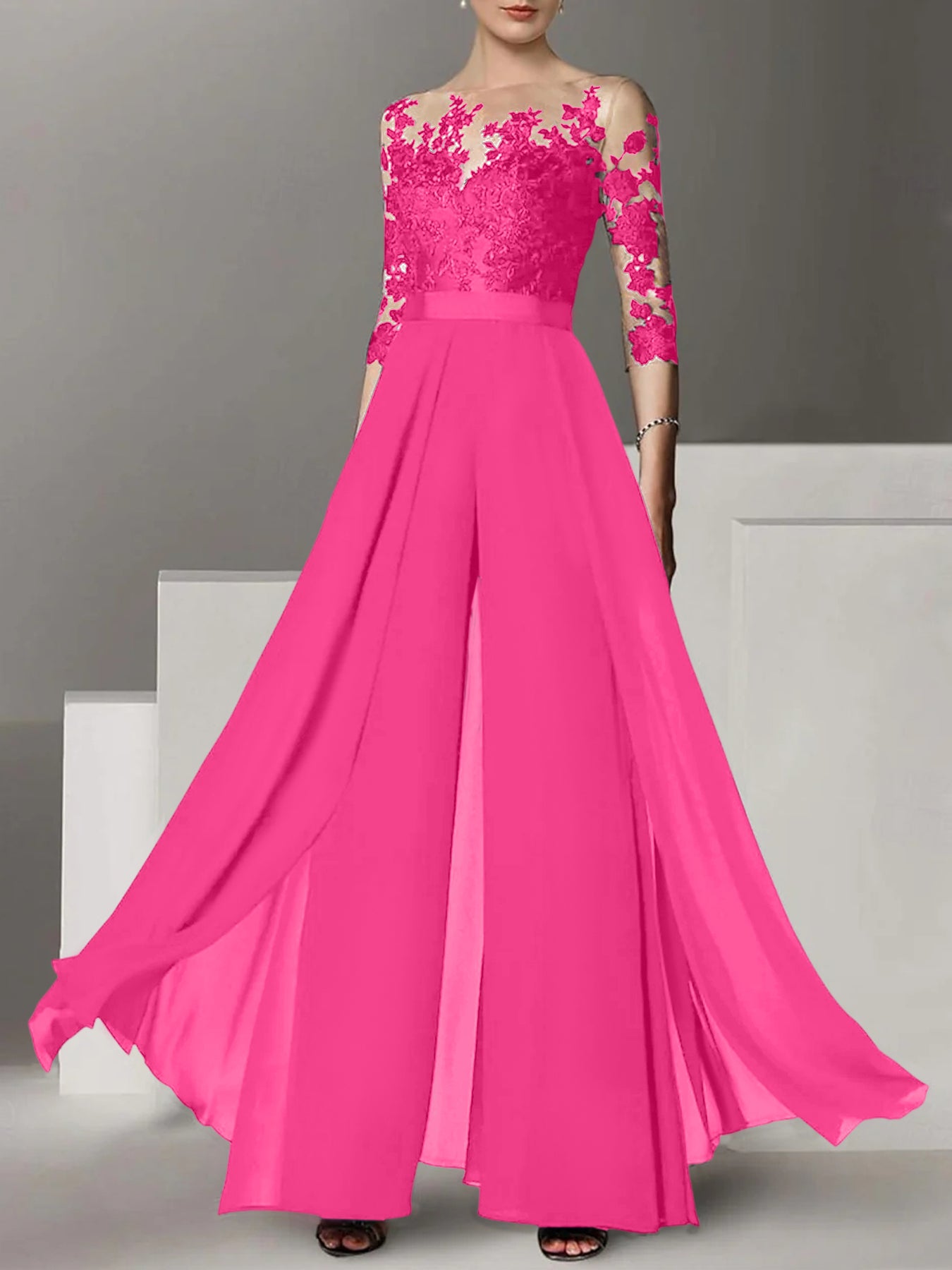 A-Line/Princess Jewel Neck 3/4 Length Sleeves Floor-Length Mother of the Bride Jumpsuits with Applique