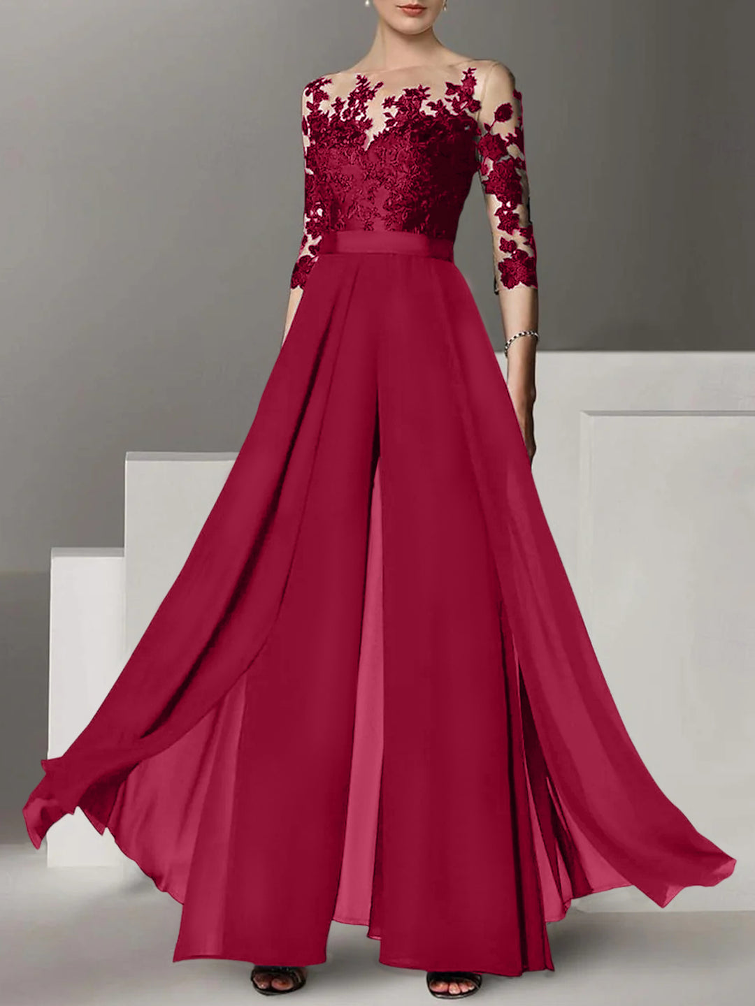 A-Line/Princess Jewel Neck 3/4 Length Sleeves Floor-Length Mother of the Bride Jumpsuits with Applique