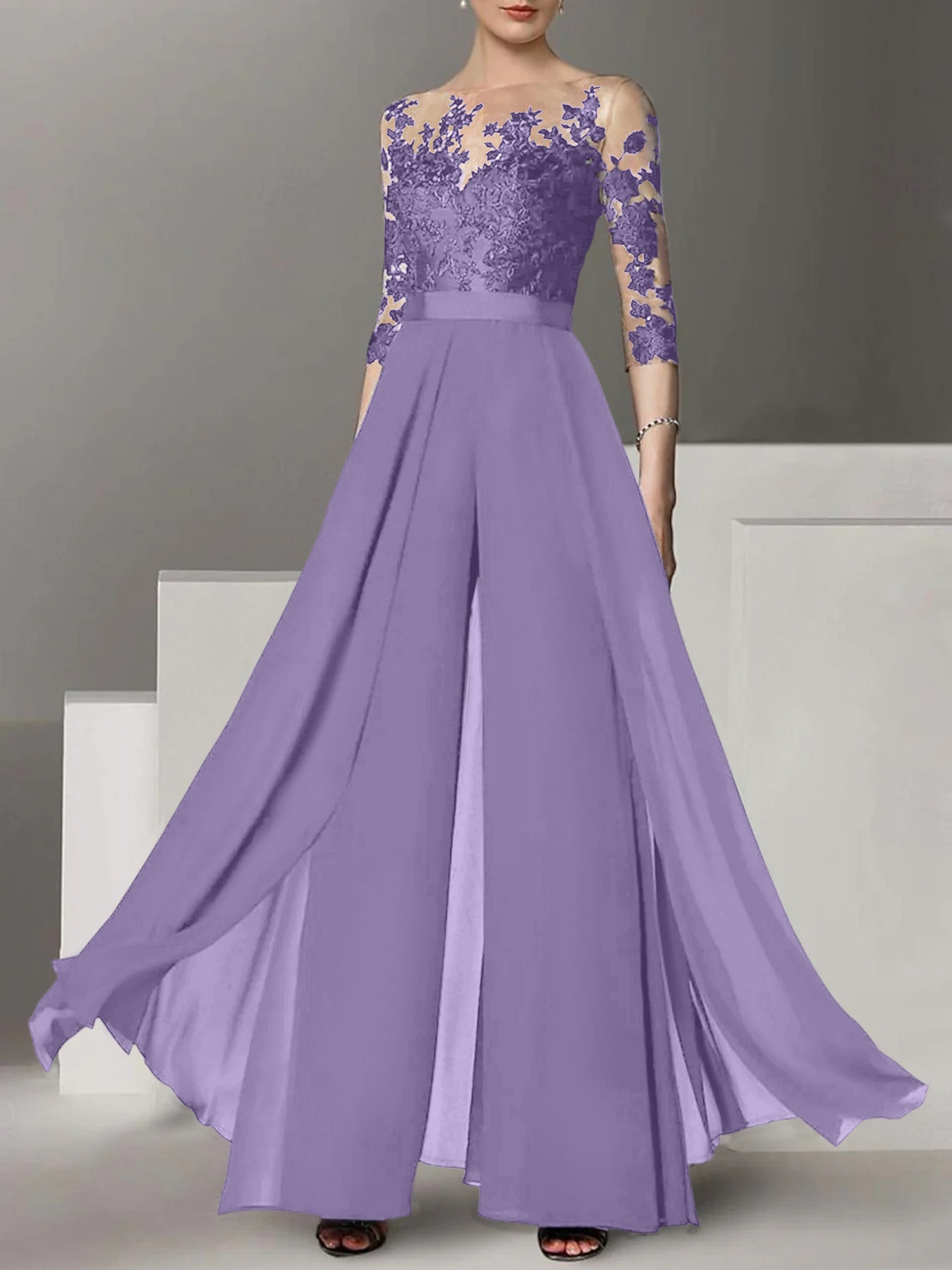 A-Line/Princess Jewel Neck 3/4 Length Sleeves Floor-Length Mother of the Bride Jumpsuits with Applique