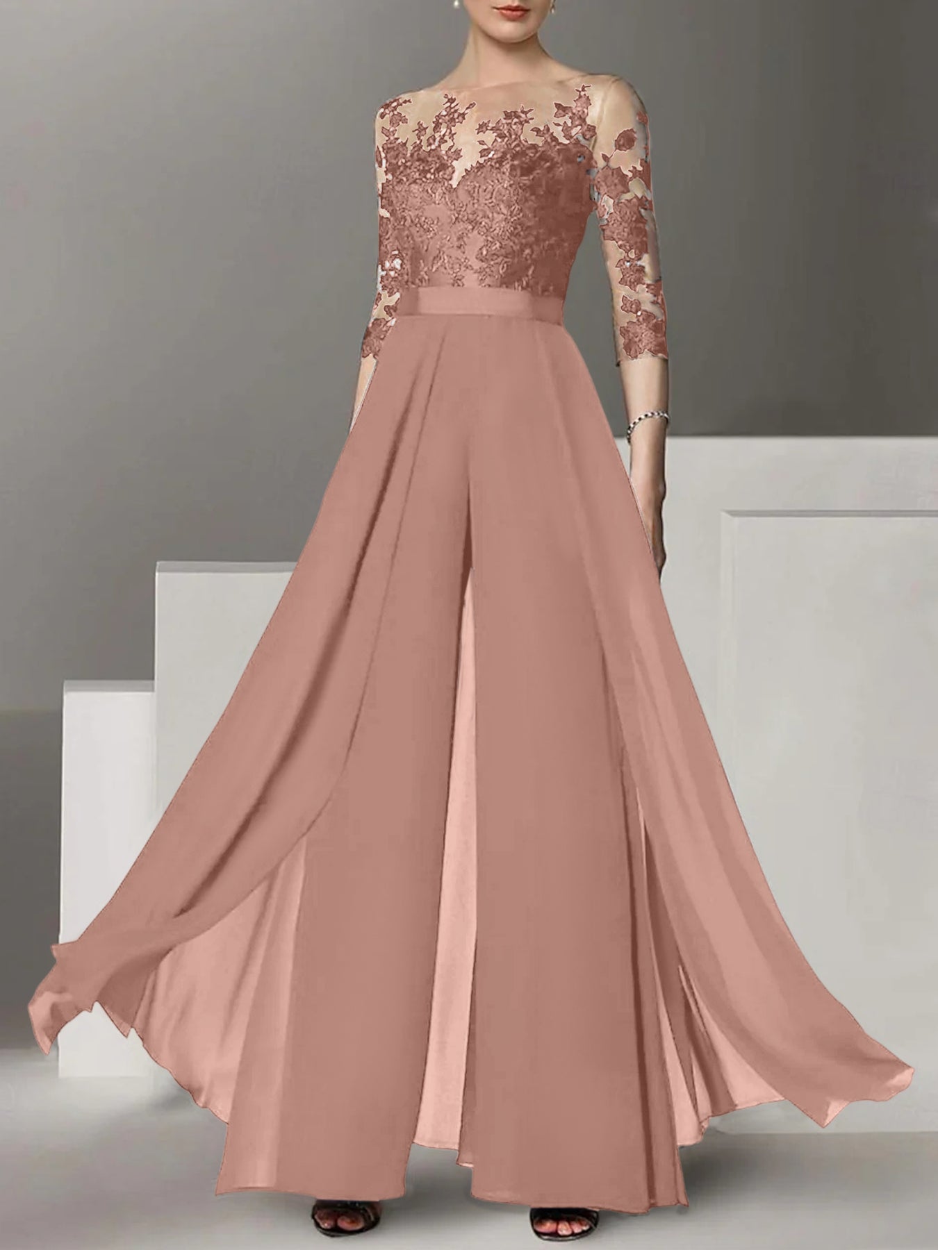 A-Line/Princess Jewel Neck 3/4 Length Sleeves Floor-Length Mother of the Bride Jumpsuits with Applique