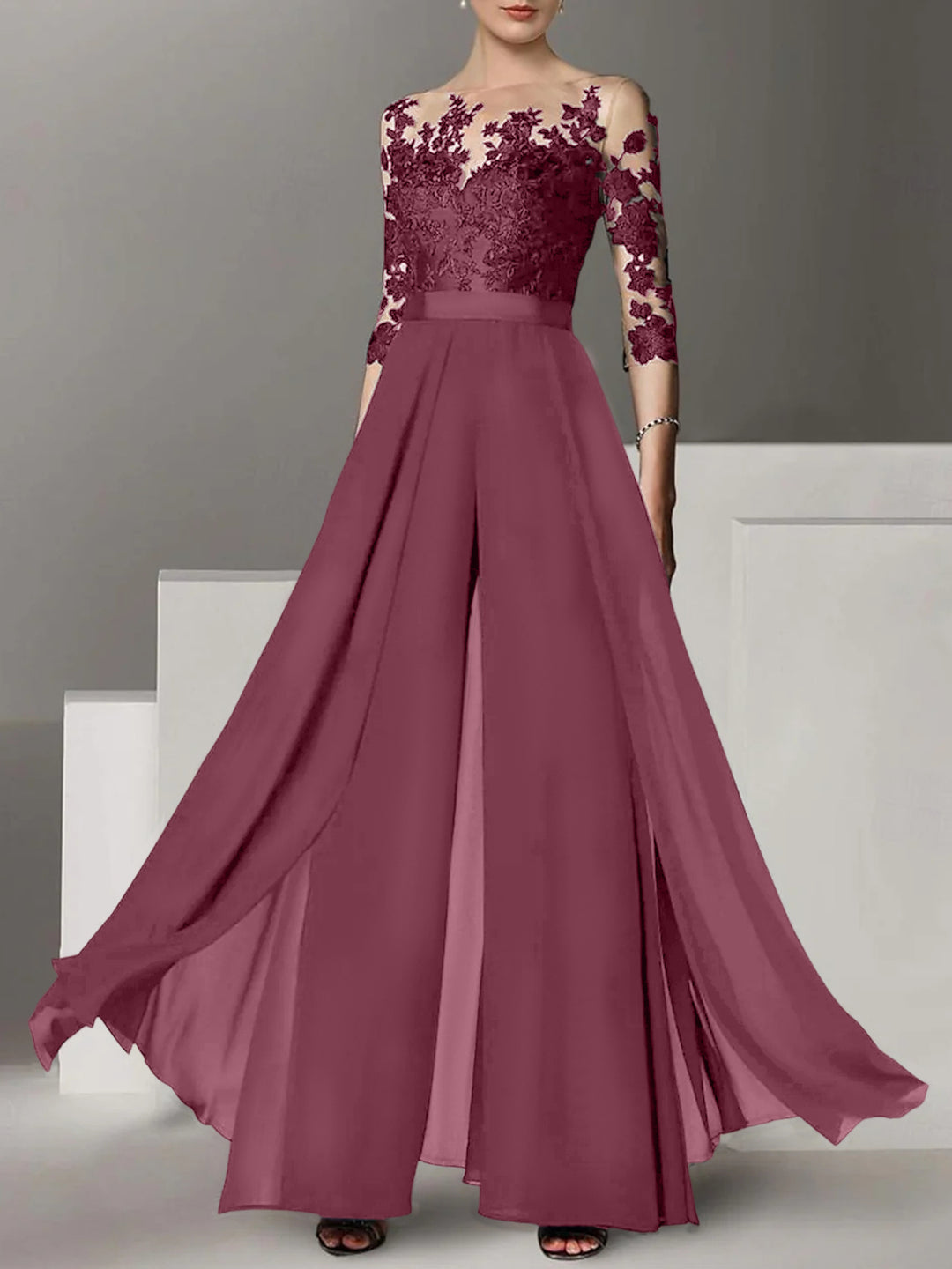 A-Line/Princess Jewel Neck 3/4 Length Sleeves Floor-Length Mother of the Bride Jumpsuits with Applique