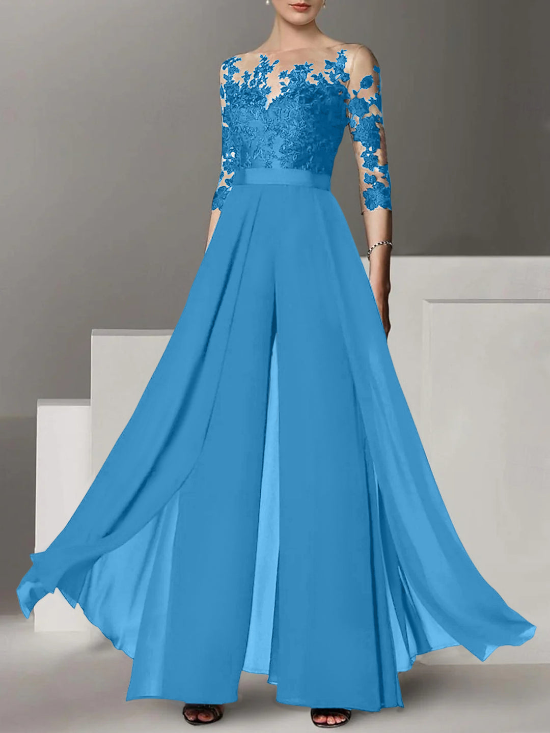 A-Line/Princess Jewel Neck 3/4 Length Sleeves Floor-Length Mother of the Bride Jumpsuits with Applique
