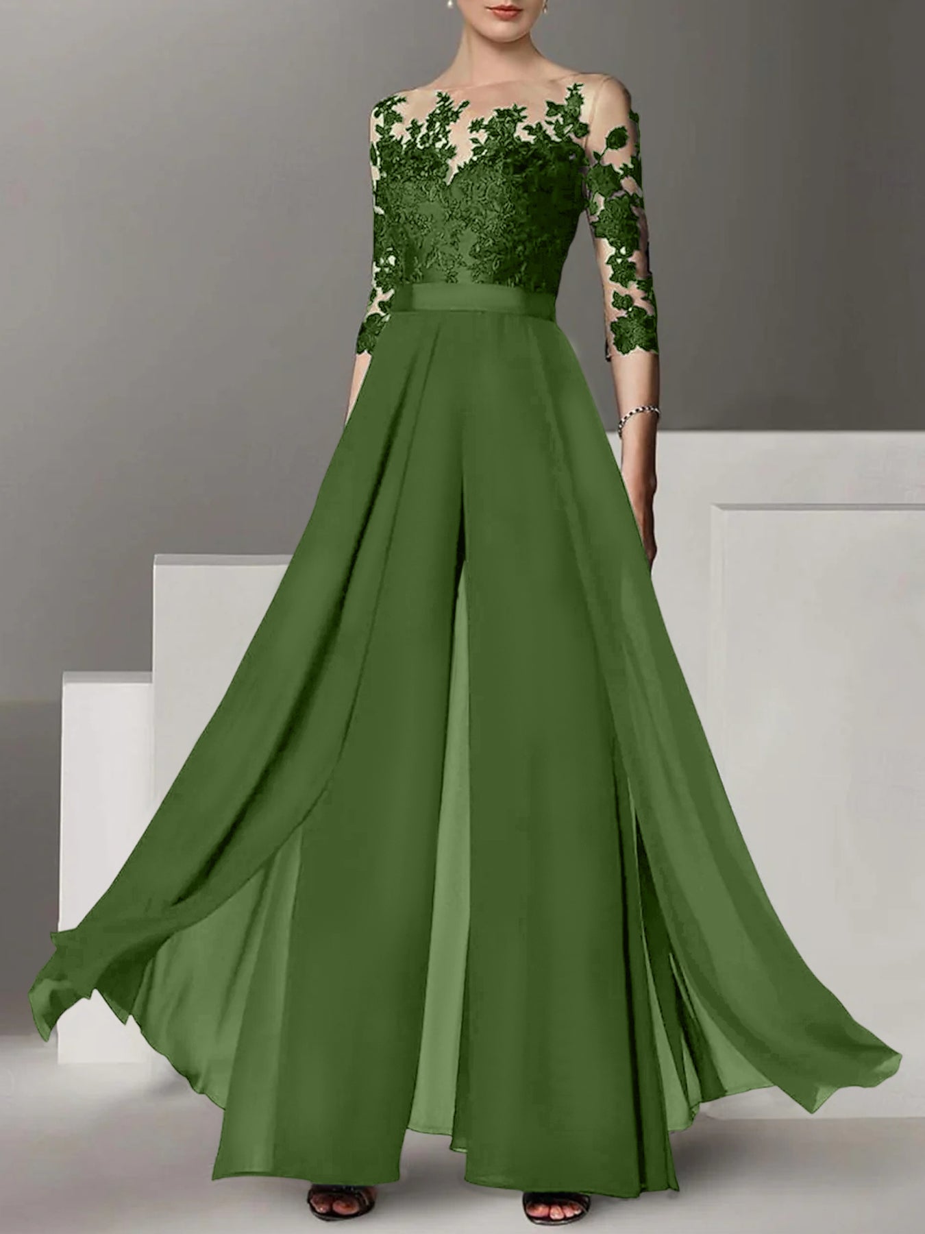A-Line/Princess Jewel Neck 3/4 Length Sleeves Floor-Length Mother of the Bride Jumpsuits with Applique