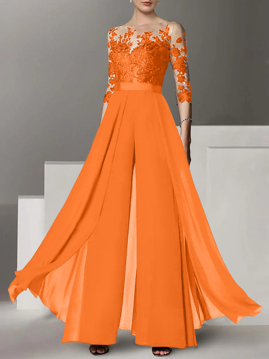 A-Line/Princess Jewel Neck 3/4 Length Sleeves Floor-Length Mother of the Bride Jumpsuits with Applique