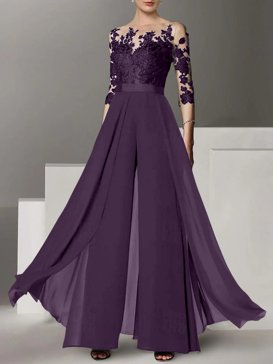 A-Line/Princess Jewel Neck 3/4 Length Sleeves Floor-Length Mother of the Bride Jumpsuits with Applique