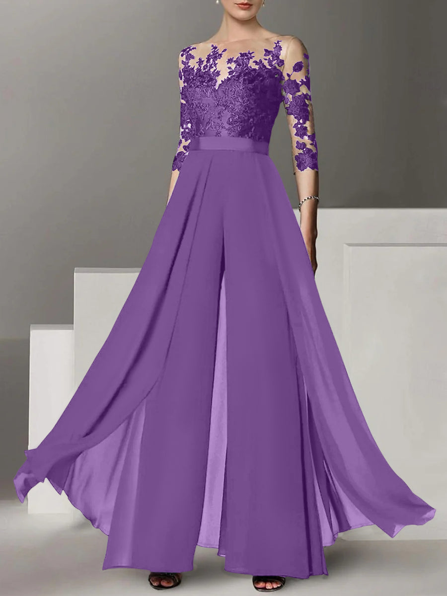 A-Line/Princess Jewel Neck 3/4 Length Sleeves Floor-Length Mother of the Bride Pantsuits with Applique