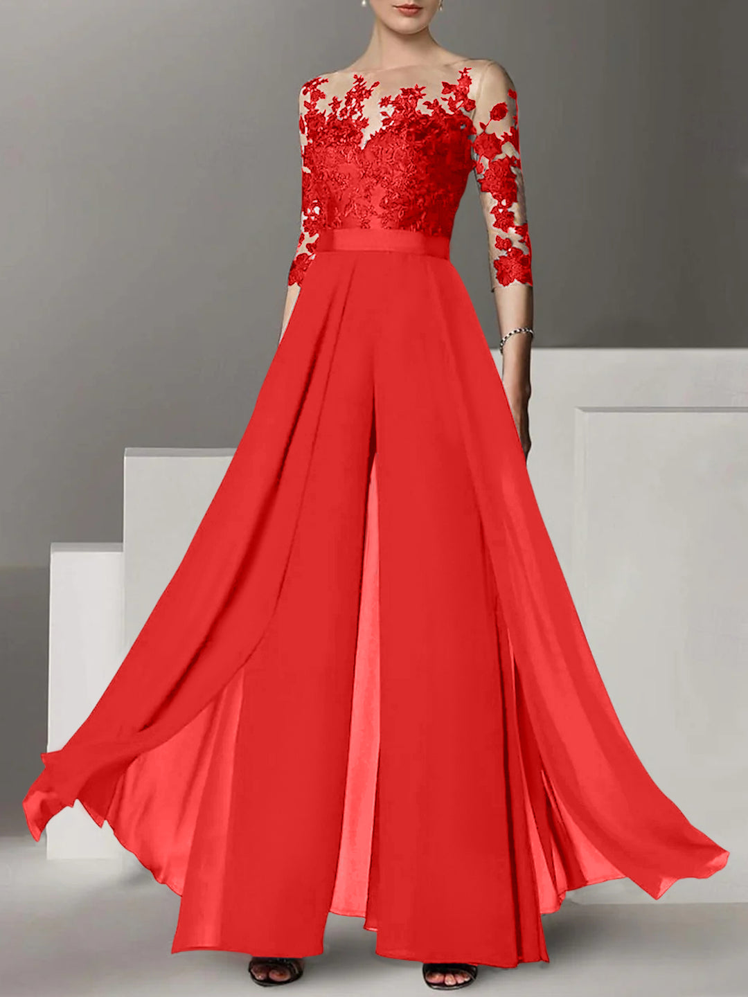A-Line/Princess Jewel Neck 3/4 Length Sleeves Floor-Length Mother of the Bride Jumpsuits with Applique