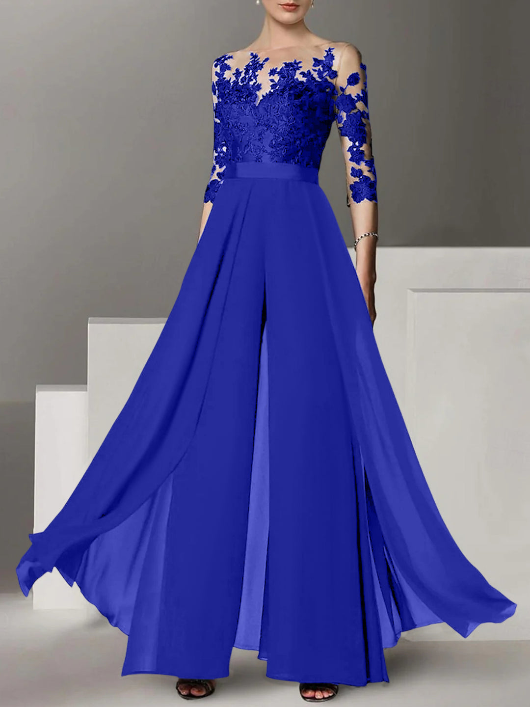 A-Line/Princess Jewel Neck 3/4 Length Sleeves Floor-Length Mother of the Bride Jumpsuits with Applique