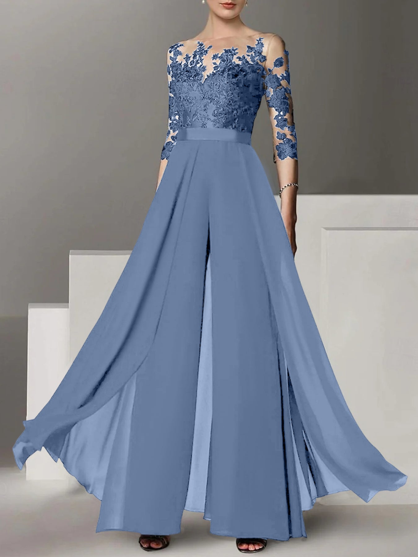A-Line/Princess Jewel Neck 3/4 Length Sleeves Floor-Length Mother of the Bride Jumpsuits with Applique
