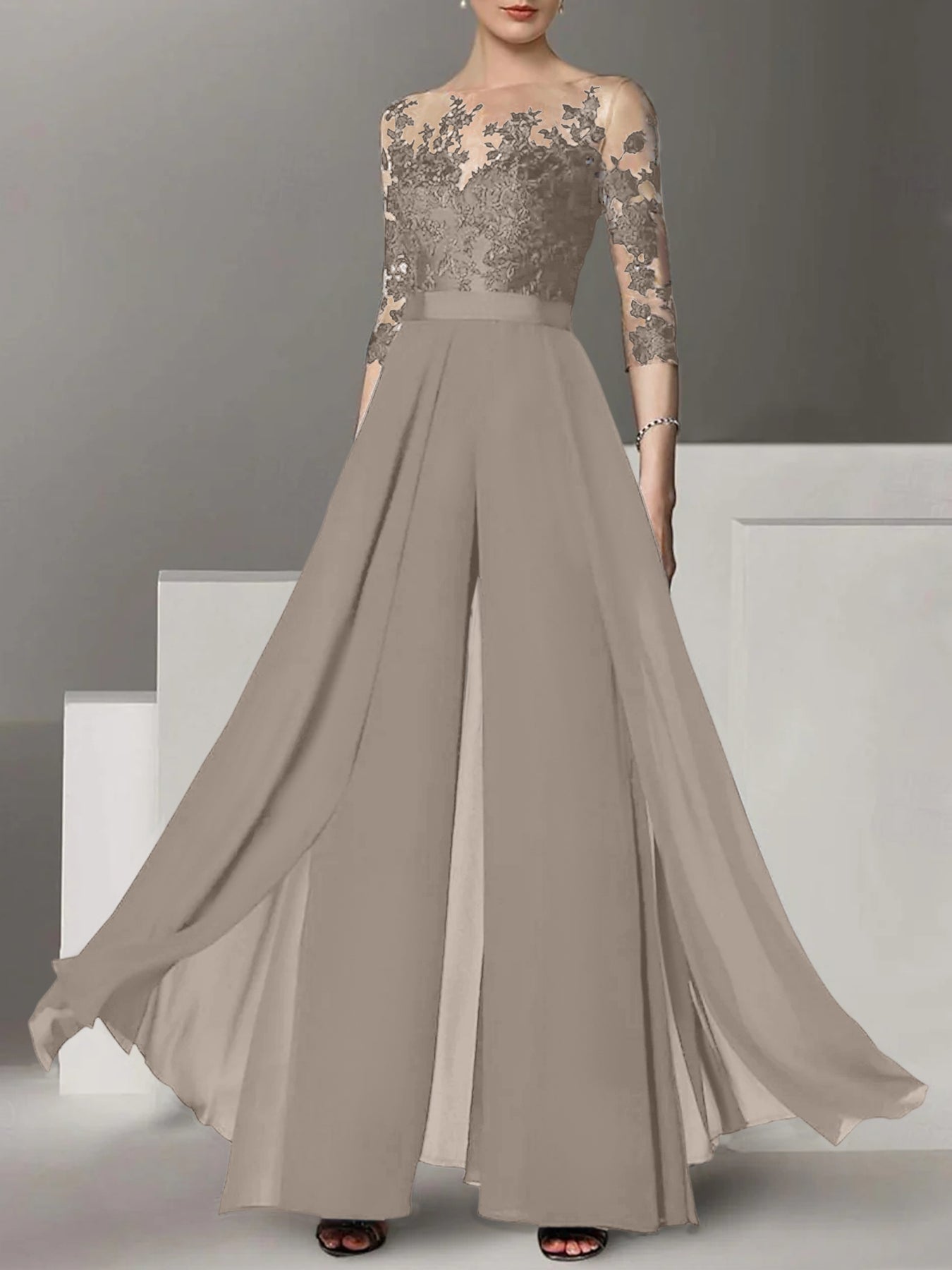 A-Line/Princess Jewel Neck 3/4 Length Sleeves Floor-Length Mother of the Bride Jumpsuits with Applique