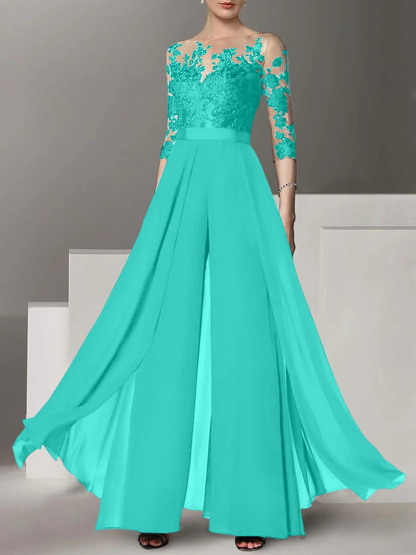 A-Line/Princess Jewel Neck 3/4 Length Sleeves Floor-Length Mother of the Bride Jumpsuits with Applique