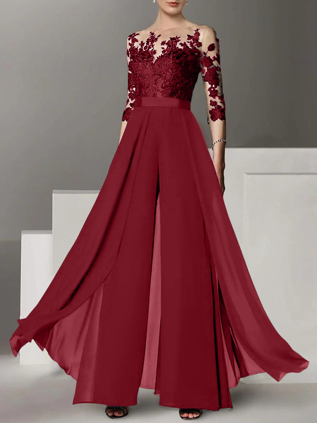 A-Line/Princess Jewel Neck 3/4 Length Sleeves Floor-Length Mother of the Bride Jumpsuits with Applique