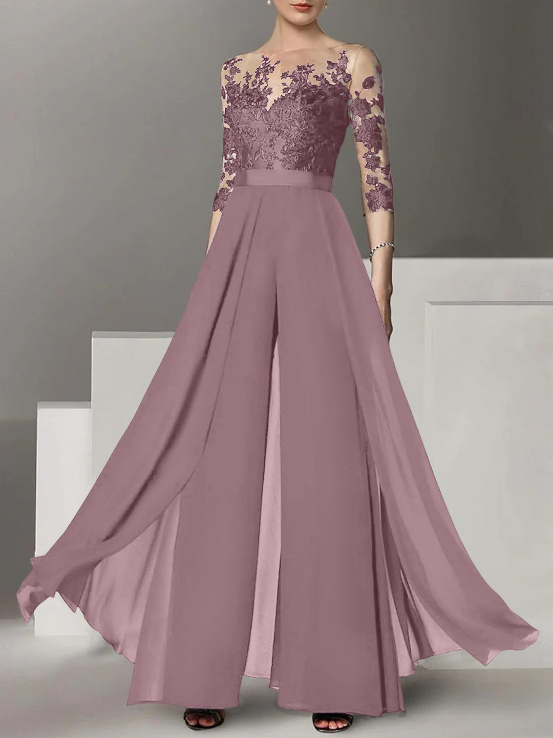 A-Line/Princess Jewel Neck 3/4 Length Sleeves Floor-Length Mother of the Bride Jumpsuits with Applique