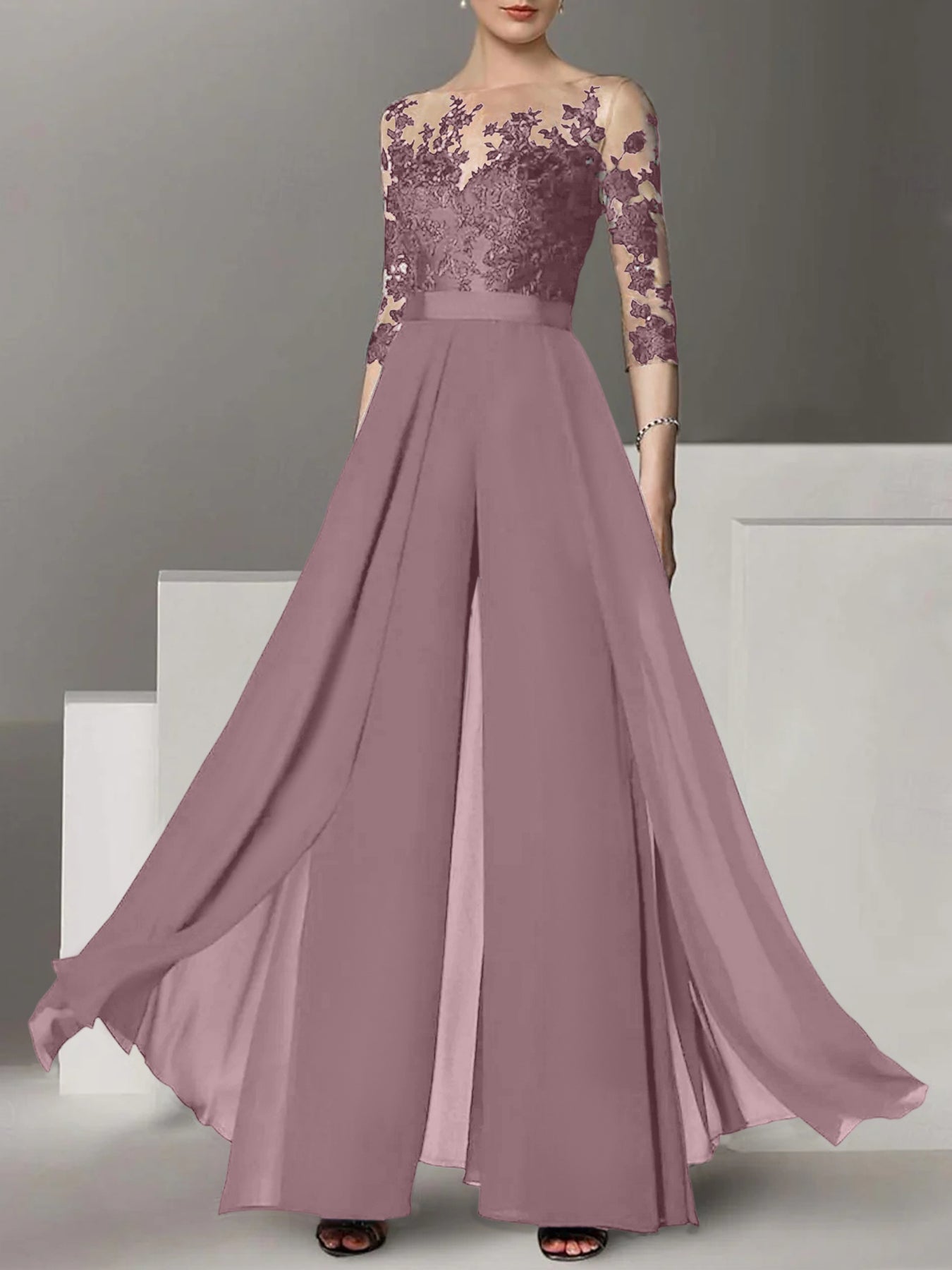 A-Line/Princess Jewel Neck 3/4 Length Sleeves Floor-Length Mother of the Bride Jumpsuits with Applique