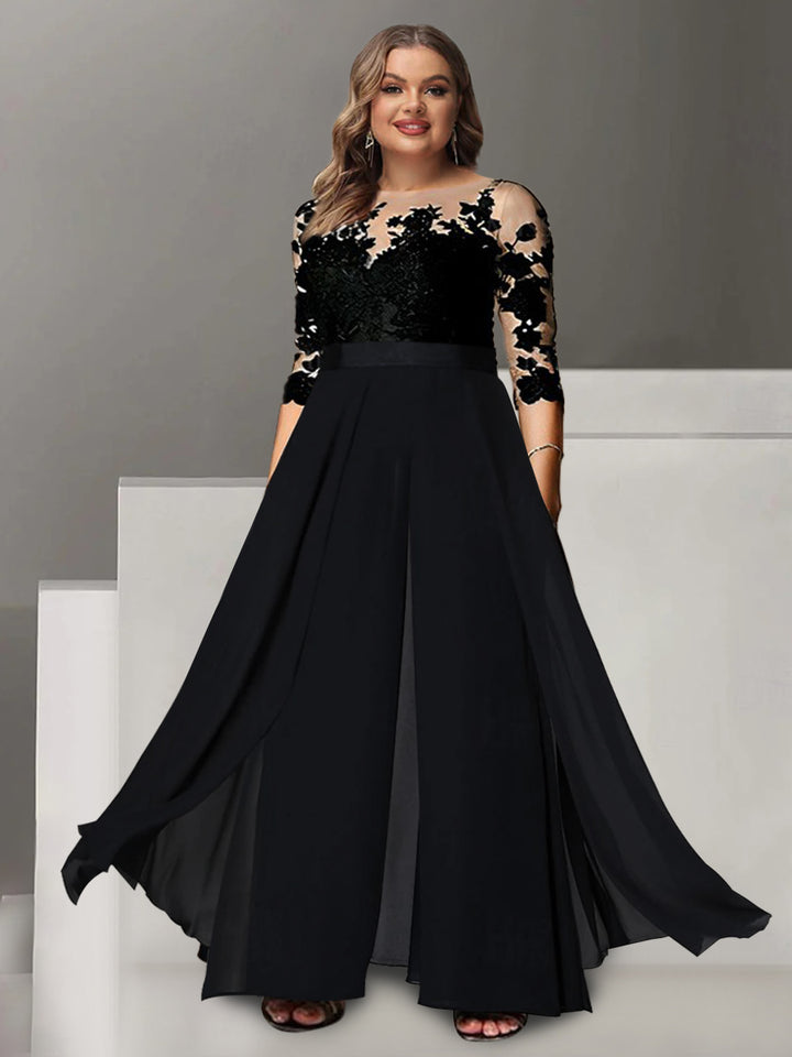 A-Line/Princess Jewel Neck 3/4 Length Sleeves Floor-Length Mother of the Bride Pantsuits with Applique