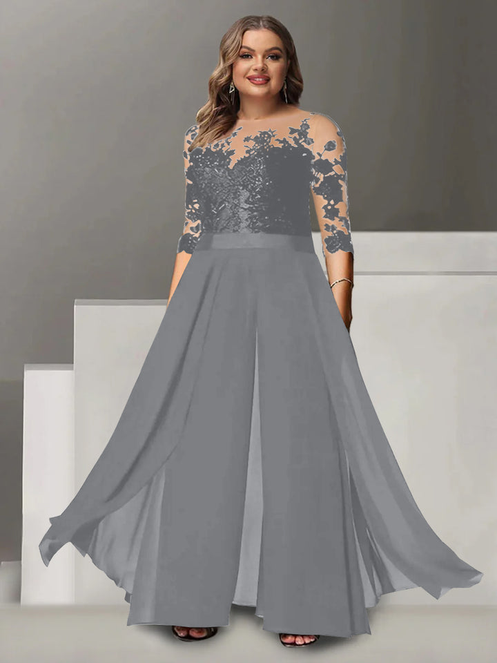 A-Line/Princess Jewel Neck 3/4 Length Sleeves Floor-Length Plus Size Mother of the Bride Pantsuits with Applique