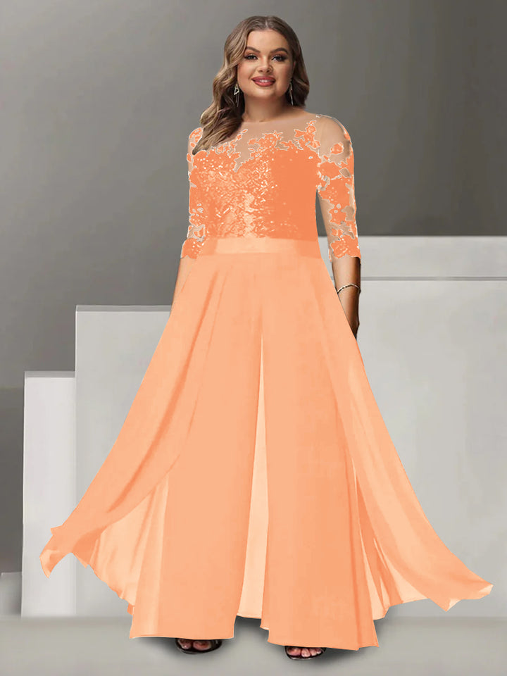 A-Line/Princess Jewel Neck 3/4 Length Sleeves Floor-Length Plus Size Mother of the Bride Pantsuits with Applique