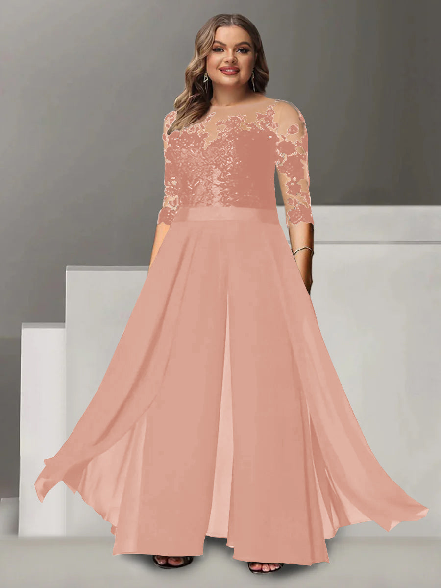 A-Line/Princess Jewel Neck 3/4 Length Sleeves Floor-Length Plus Size Mother of the Bride Pantsuits with Applique