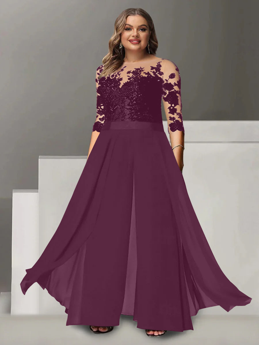 A-Line/Princess Jewel Neck 3/4 Length Sleeves Floor-Length Plus