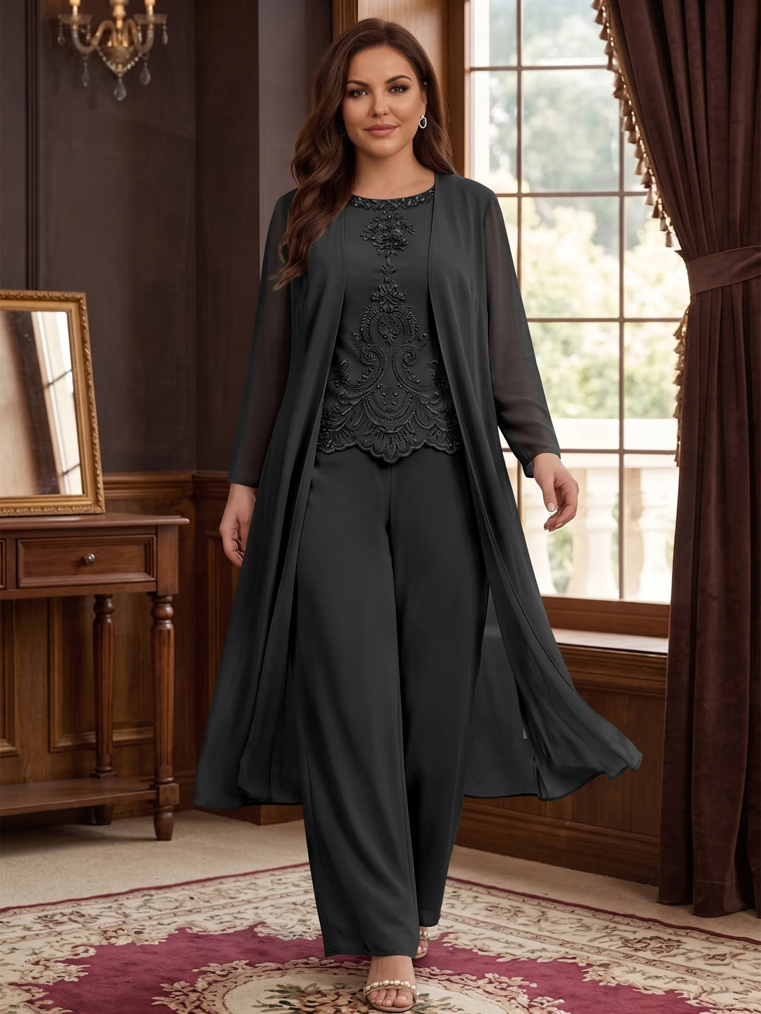 Chiffon Round Neck Floor-Length Plus Size Mother Of The Bride Pantsuits With Jacket & Applique