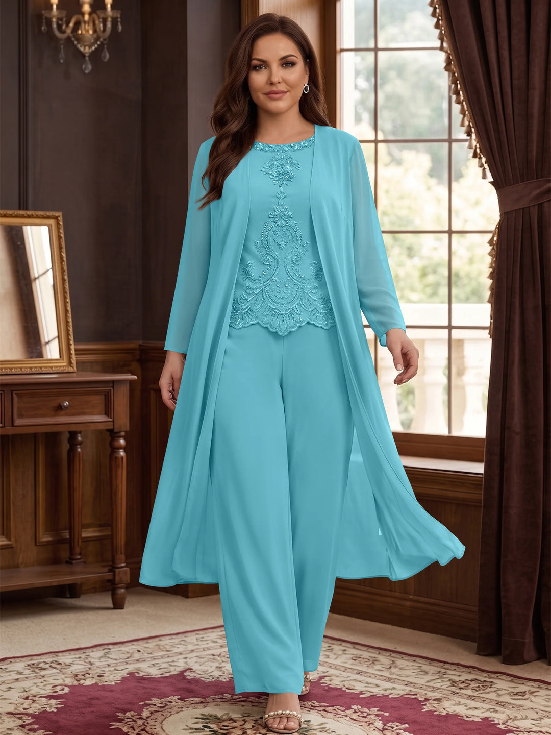 Chiffon Round Neck Floor-Length Plus Size Mother Of The Bride Pantsuits With Jacket & Applique