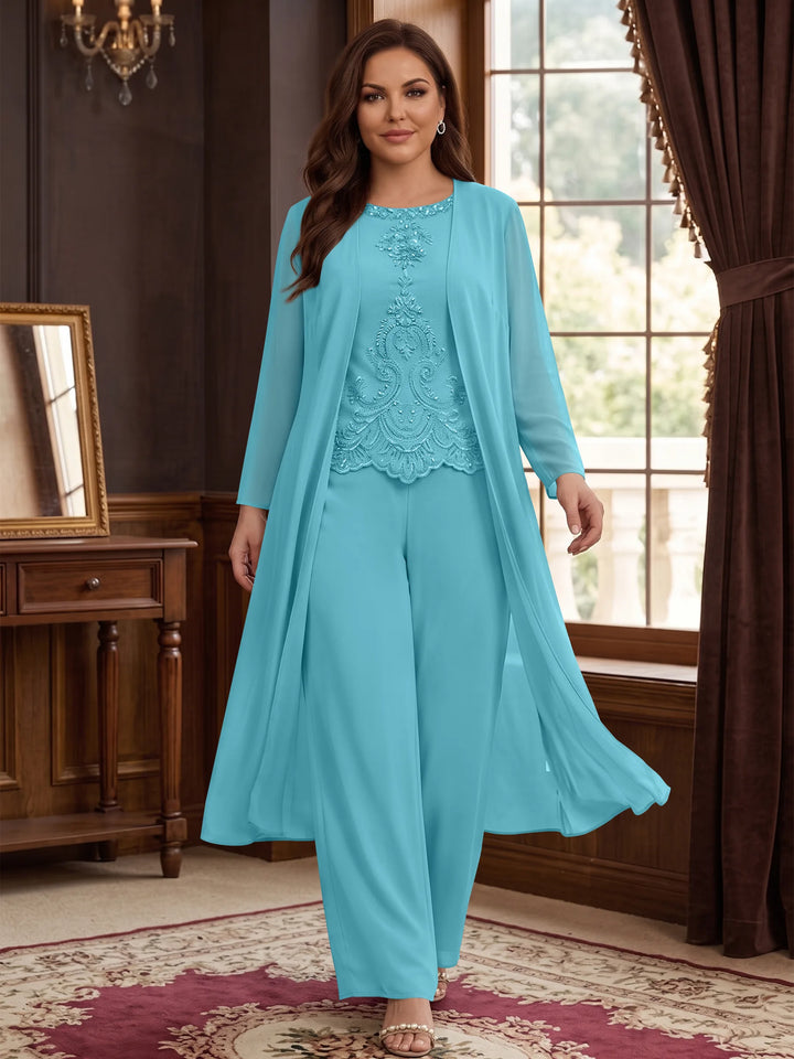Chiffon Round Neck Floor-Length Plus Size Mother Of The Bride Pantsuits With Jacket & Applique