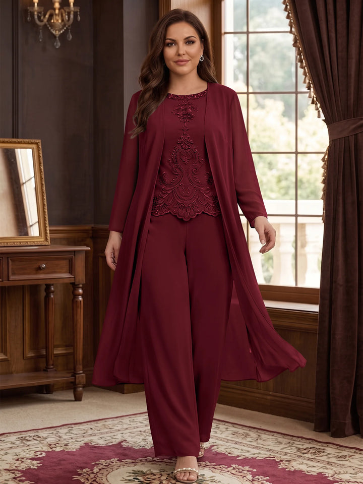 Chiffon Round Neck Floor-Length Plus Size Mother Of The Bride Pantsuits With Jacket & Applique