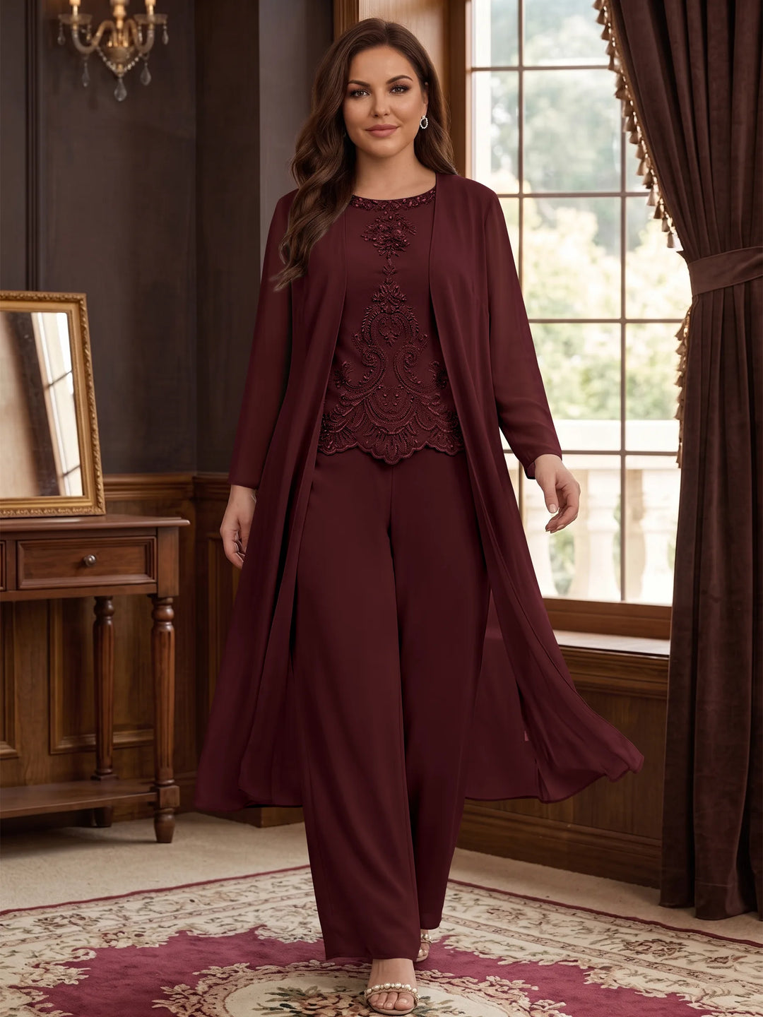 Chiffon Round Neck Floor-Length Plus Size Mother Of The Bride Pantsuits With Jacket & Applique