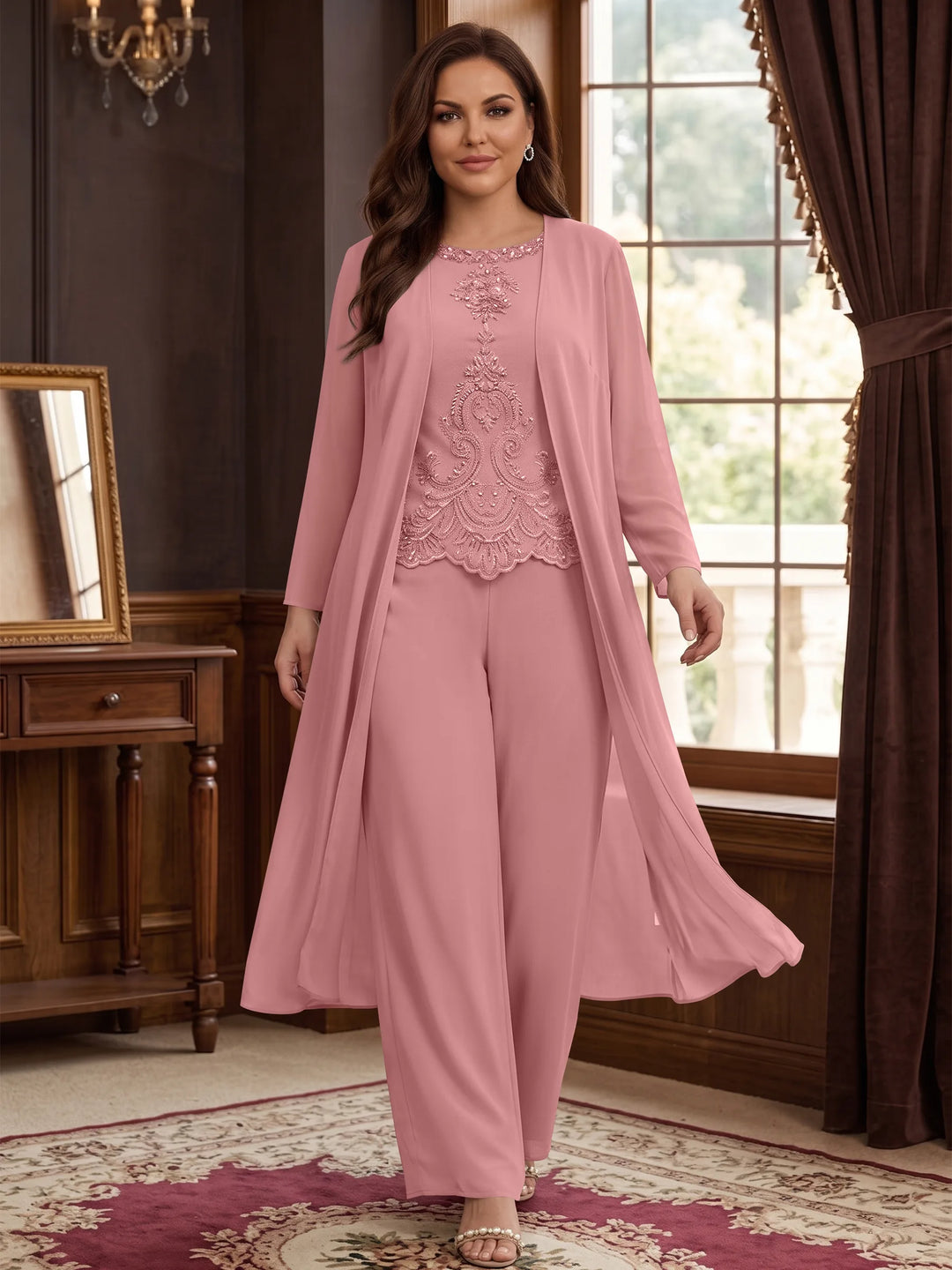 Chiffon Round Neck Floor-Length Plus Size Mother Of The Bride Pantsuits With Jacket & Applique