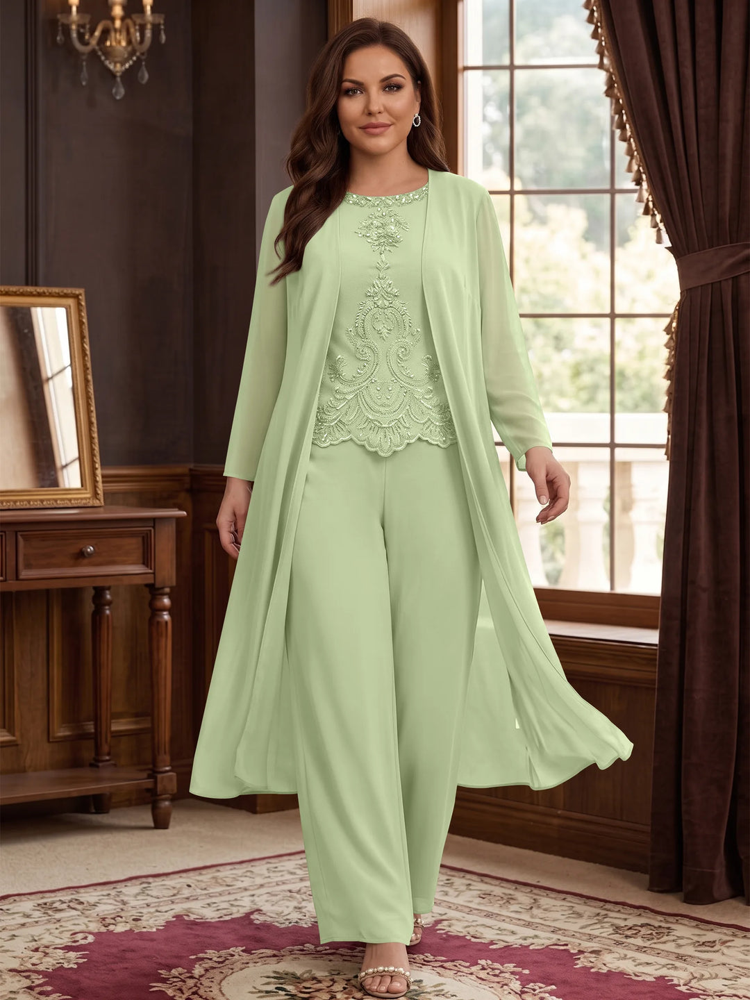 Chiffon Round Neck Floor-Length Plus Size Mother Of The Bride Pantsuits With Jacket & Applique