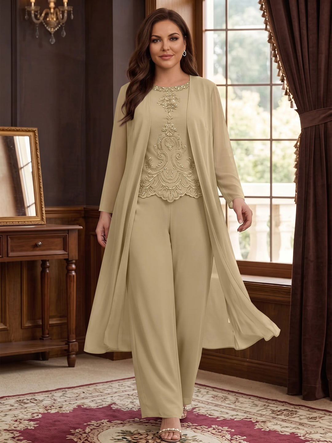 Chiffon Round Neck Floor-Length Plus Size Mother Of The Bride Pantsuits With Jacket & Applique