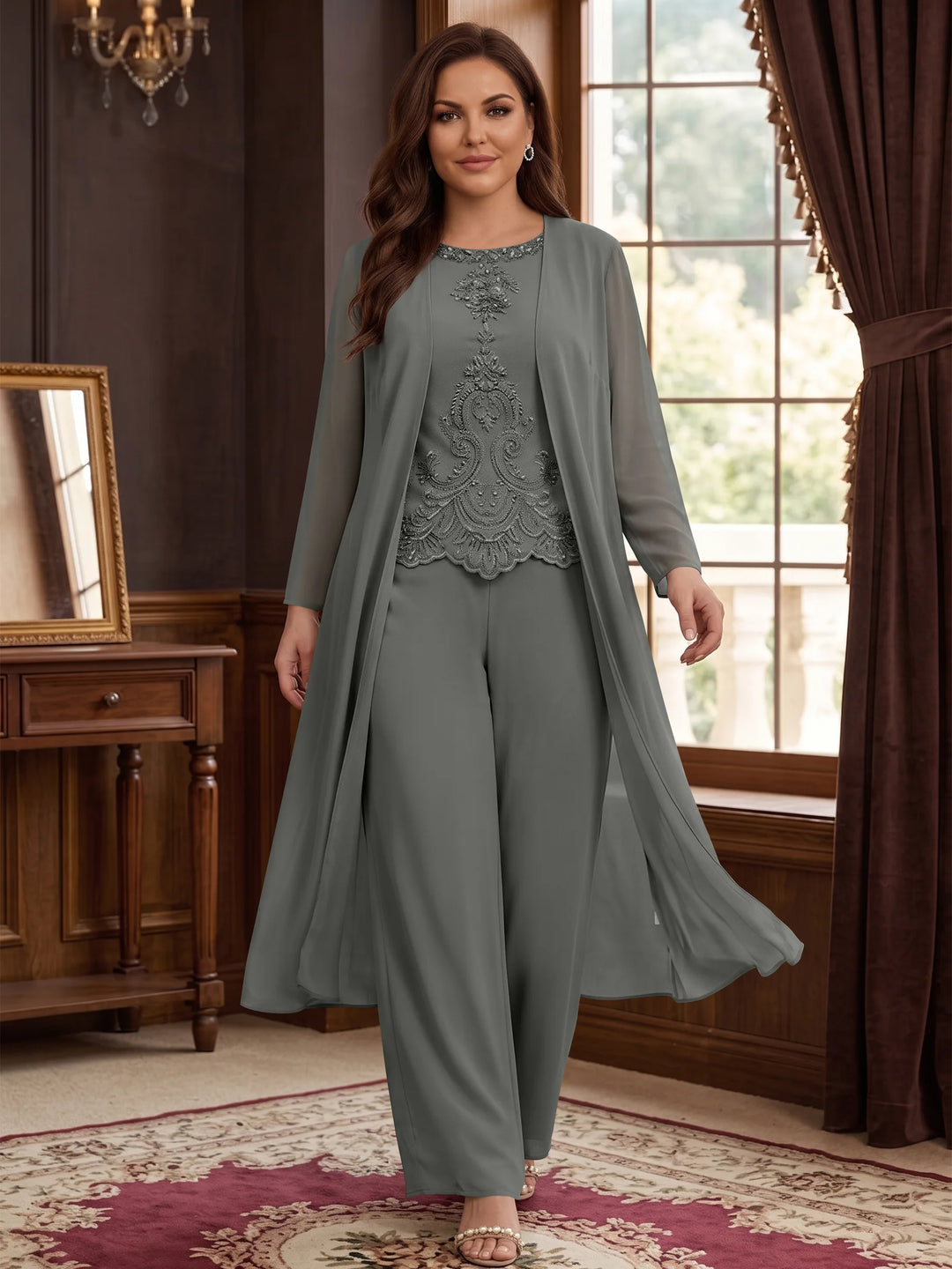 Chiffon Round Neck Floor-Length Plus Size Mother Of The Bride Pantsuits With Jacket & Applique