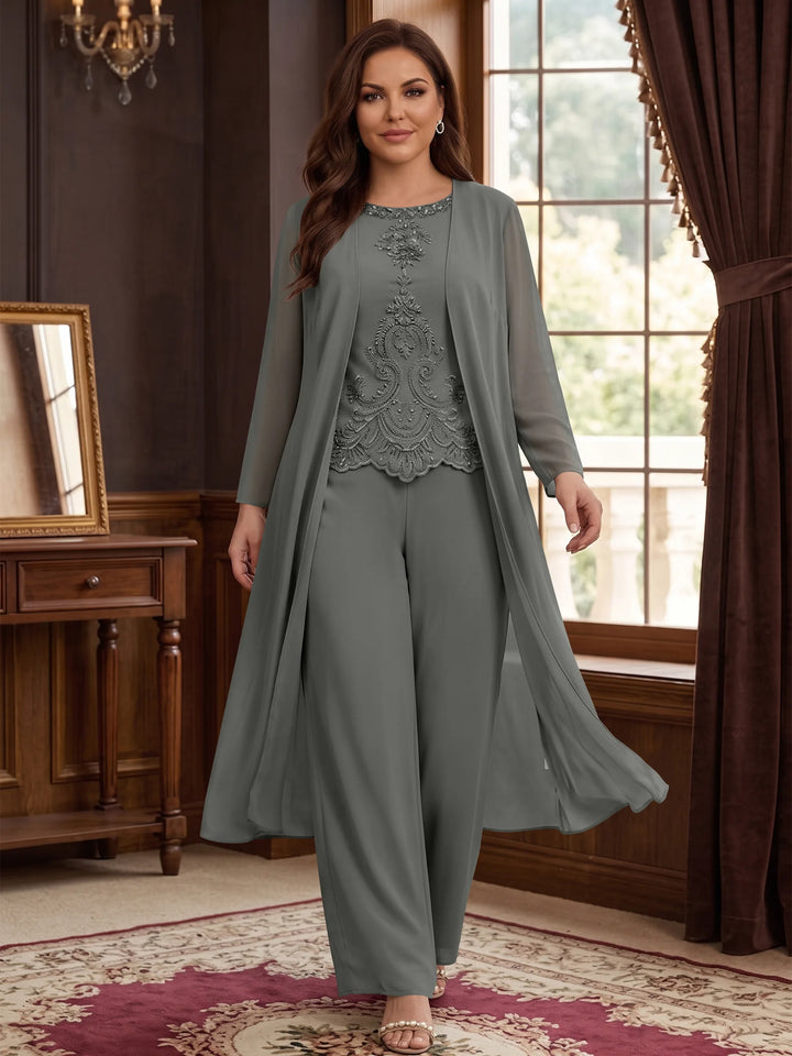 Chiffon Round Neck Floor-Length Plus Size Mother Of The Bride Pantsuits With Jacket & Applique