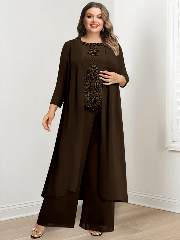 Chiffon Round Neck Floor-Length Plus Size Mother Of The Bride Pantsuits With Jacket & Applique