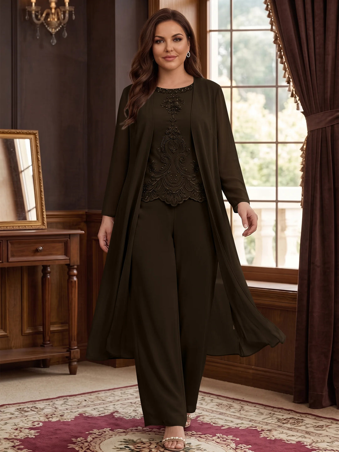 Chiffon Round Neck Floor-Length Plus Size Mother Of The Bride Pantsuits With Jacket & Applique