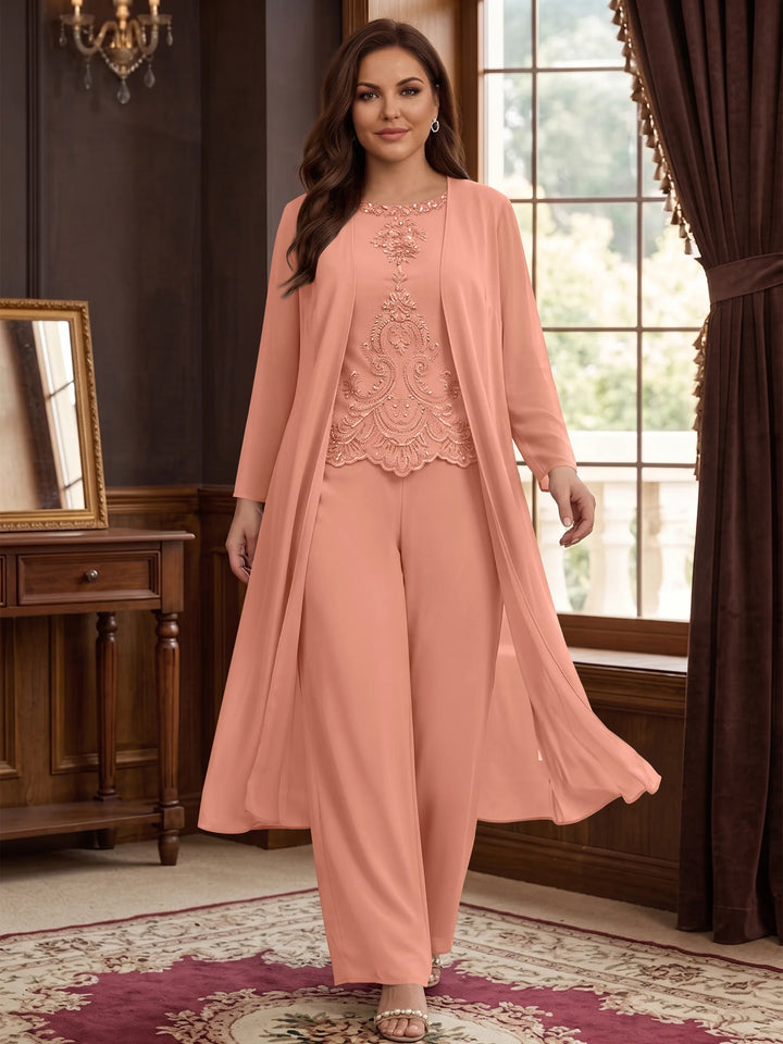 Chiffon Round Neck Floor-Length Plus Size Mother Of The Bride Pantsuits With Jacket & Applique