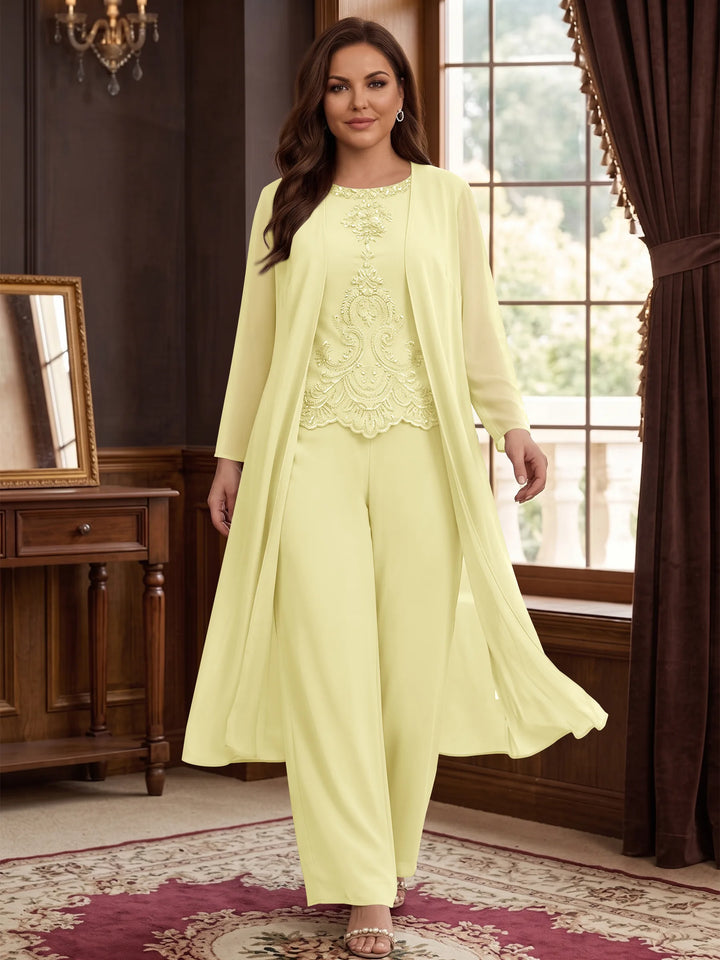 Chiffon Round Neck Floor-Length Plus Size Mother Of The Bride Pantsuits With Jacket & Applique