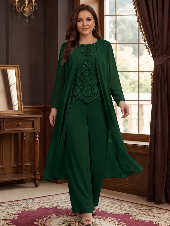 Chiffon Round Neck Floor-Length Plus Size Mother Of The Bride Pantsuits With Jacket & Applique